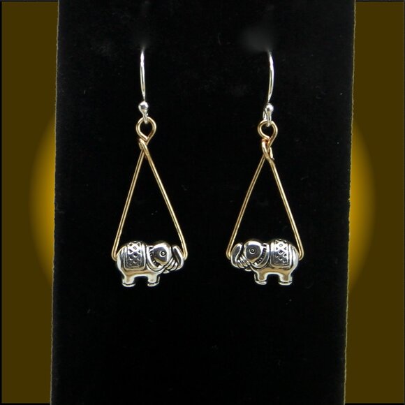 Silver Elephant Charm Earrings with Gold Accents & 925 Sterling Silver Wires - Picture 1 of 5